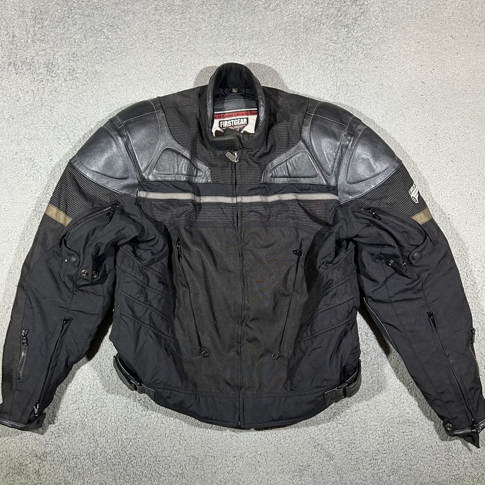 FirstGear Men's Large Leather Armored Motorcycle Riding Jacket Black Protective